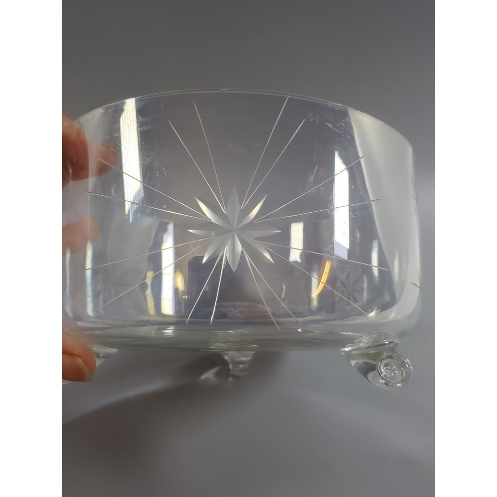 Vintage Starburst Etched Glass Footed Bowl 3 Leg‎ Clear Candy Dish Decorative...